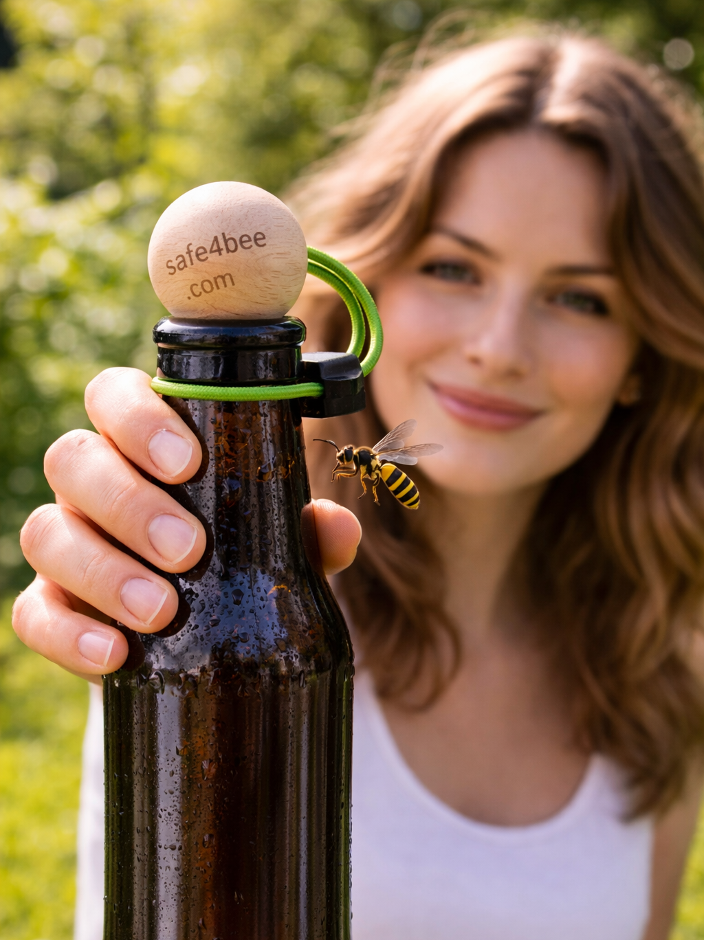 Wasserflasche im Garten, eine Wespe nähert sich der Öffnung